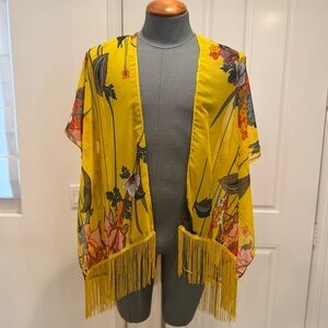 Cover Up Golden Yellow Floral Fringe short Kimono One size fits most regular
